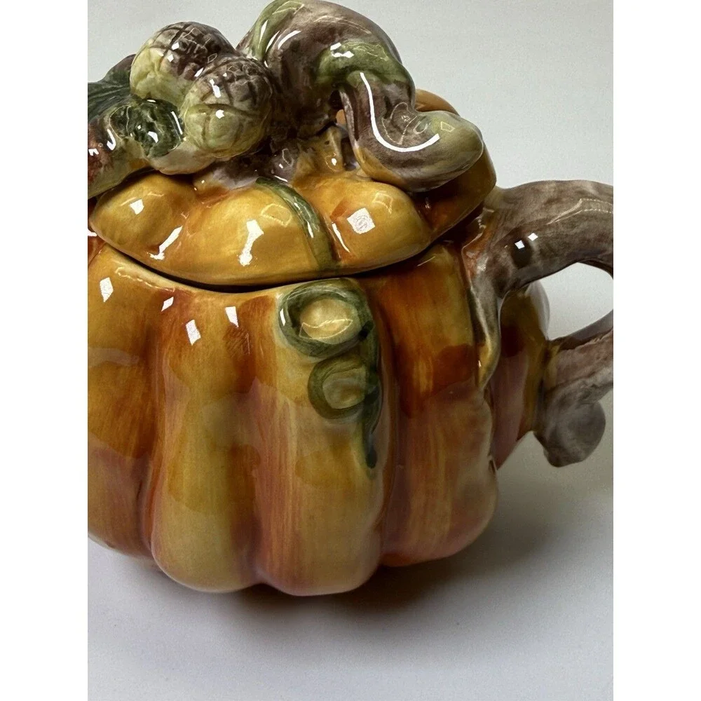 Vintage Ceramic Pumpkin Patch Sugar Bowl Creamer Set Fall Harvest 1990s